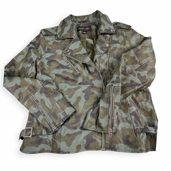 COLLEEN LOPEZ Women’s Green Camo Faux Leather Moto Jacket Size Large - Picture 2 of 7